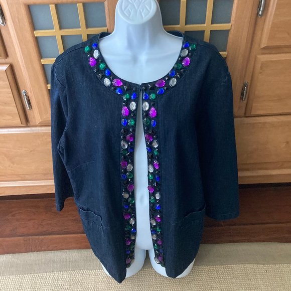 Ruby Rd. Woman Collarless Jeweled Denim Jacket 18W - Picture 2 of 9